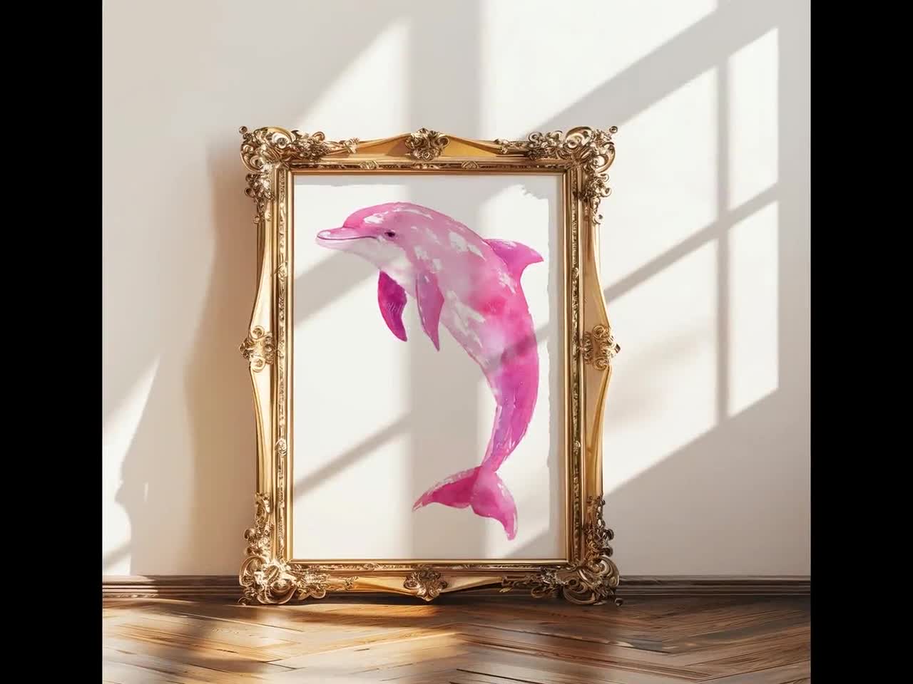 Pink Dolphin Summer Watercolor Wall Art, Coastal Digital Print